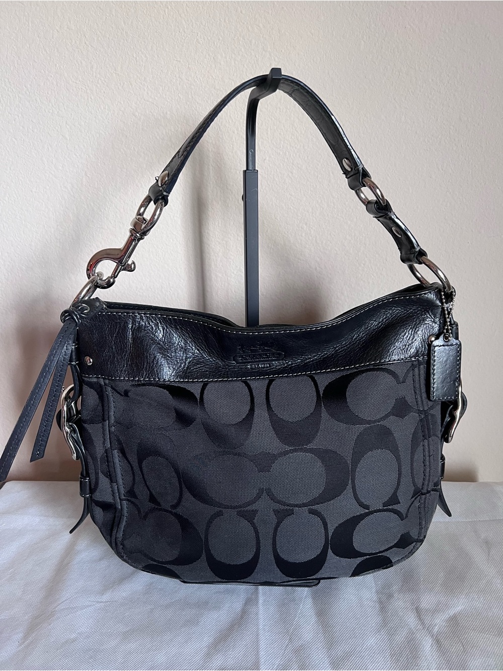 Coach Zoe Black Signature Jacquard Hobo with Leather Trim